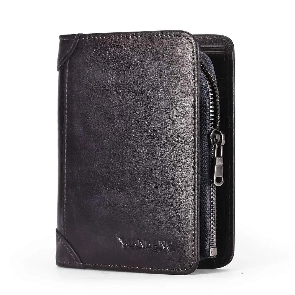 Spedizione Gratuita Portafoglio da Uomo con Cerniera in Vera Pelle, Porta Carte RFID, Tasca Portamonete in Pelle Bovina, Portafogli Bifold per Uomini
