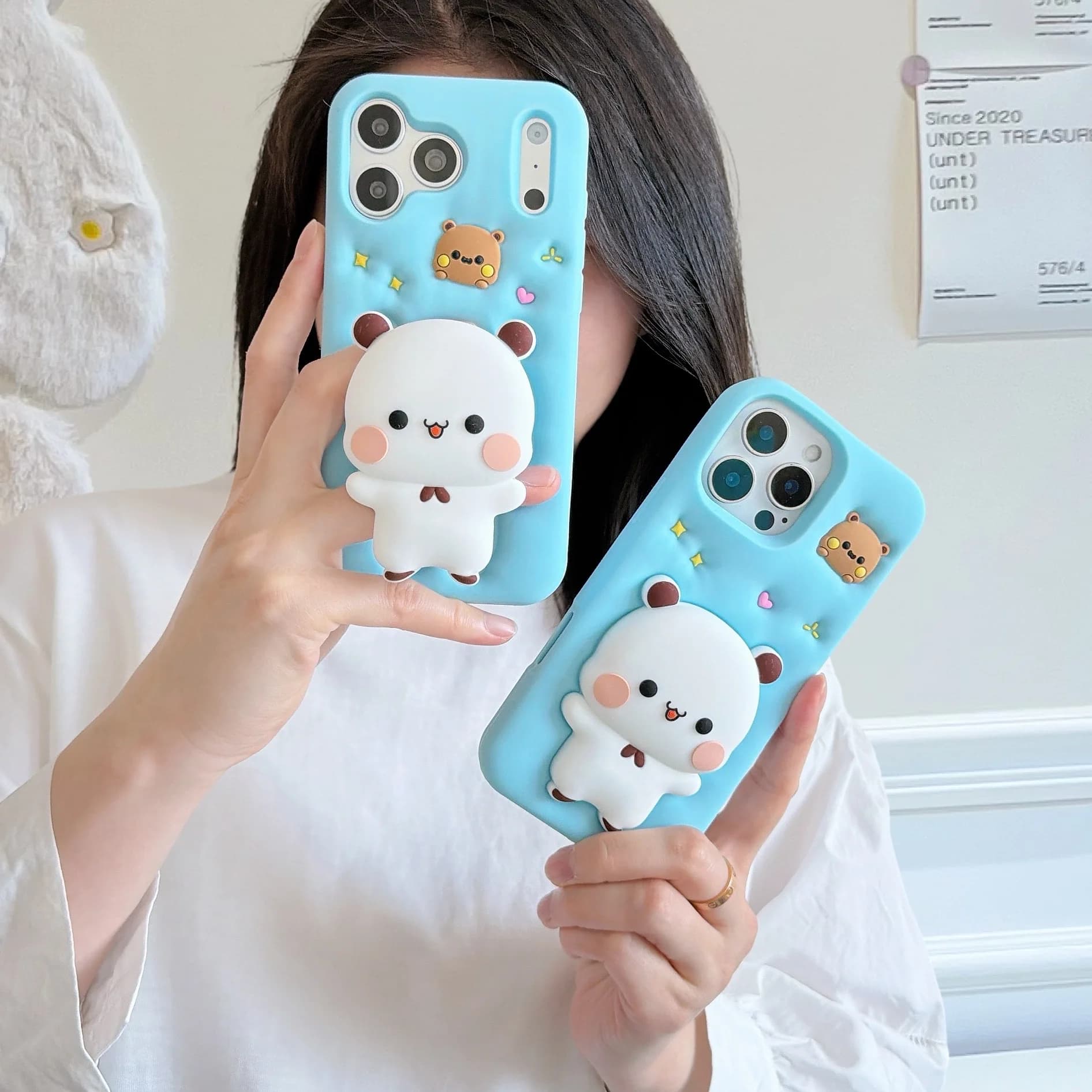 3D Cartoon Little Bear Fold Phone Holder Case For iPhone 17 Pro Max 16 Plus 15 14 13 12 Pro Max Soft Silicone Bracket Cover
