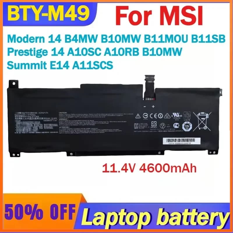 11.4V 4600mAh BTY-M49 Laptop Battery For MSI Prestige 14 A10SC A10RB B10MW/Summit E14 A11SCS/Modern 14 B4MW B10MW B11MOU