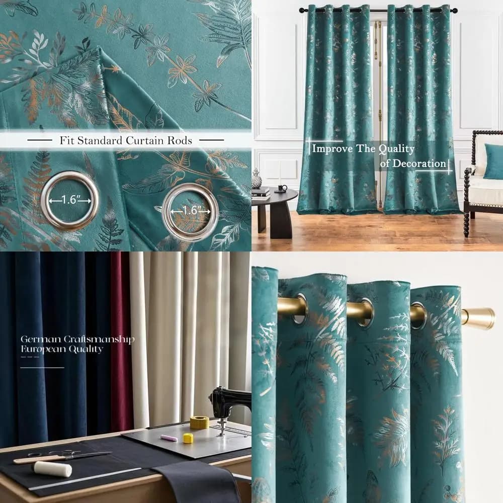 Blue velvet thermal curtains with leaf pattern and butterflies for living room, 52 x 84, set of 2 panels