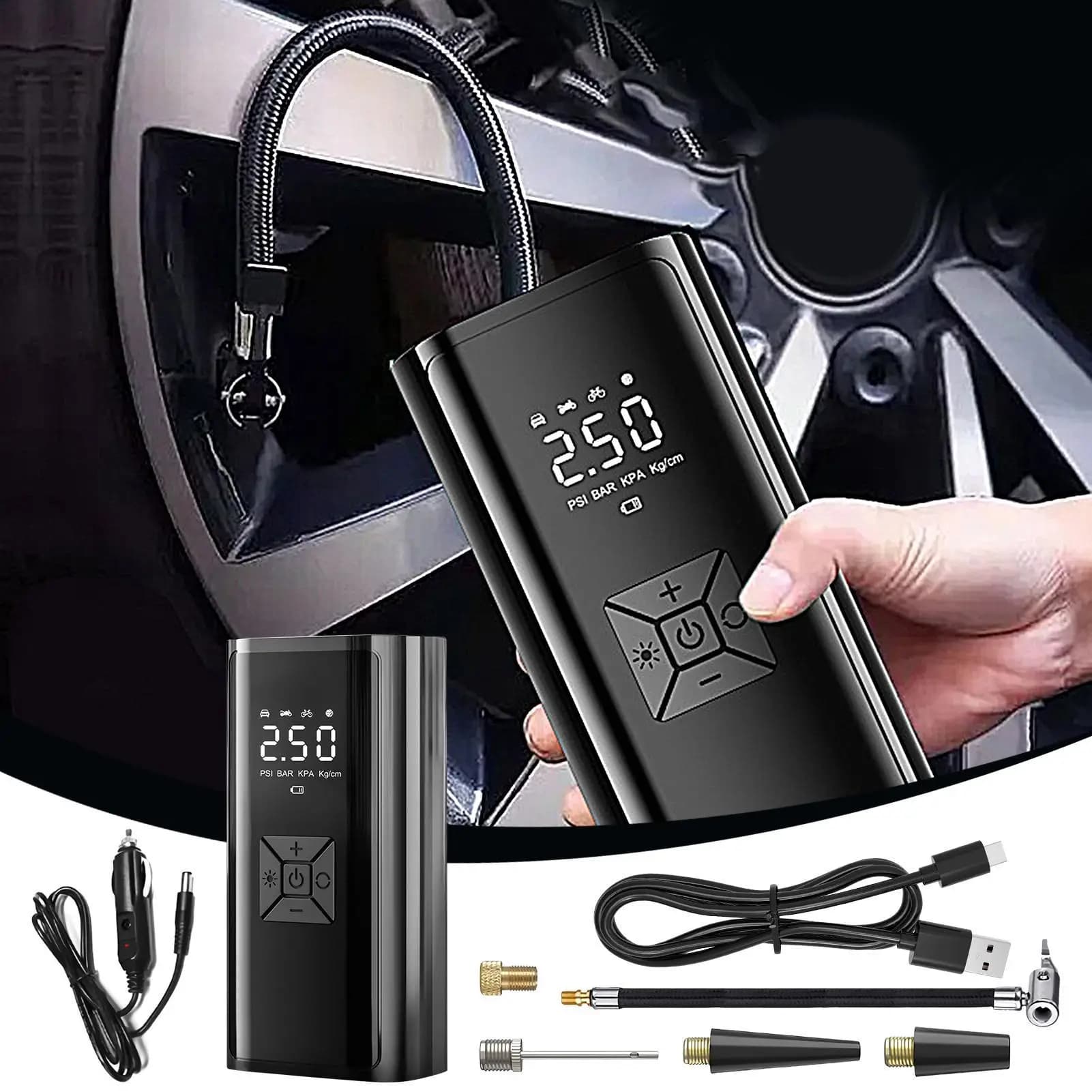 Pompa d'aria portatile per autoveicoli Compressore d'aria portatile Gonfiatore per pneumatici senza fili con display a LED per viaggi in auto, moto, casa, camper