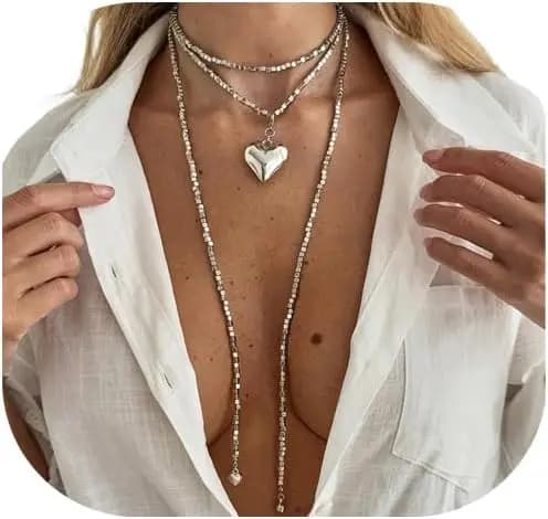 Collana Lunga a Y in Metallo con Nappe, Catena per il Petto a Cuore per Festival e Rave, Gioielli Estivi da Spiaggia