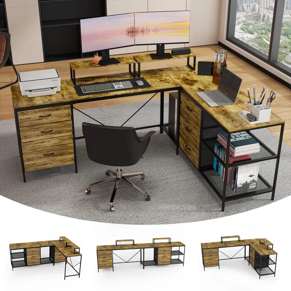 114 inch L desk with power and USB-C sockets, industrial corner desk: 6 fabric drawers, 3 open shelves, Bro monitor holders rustic