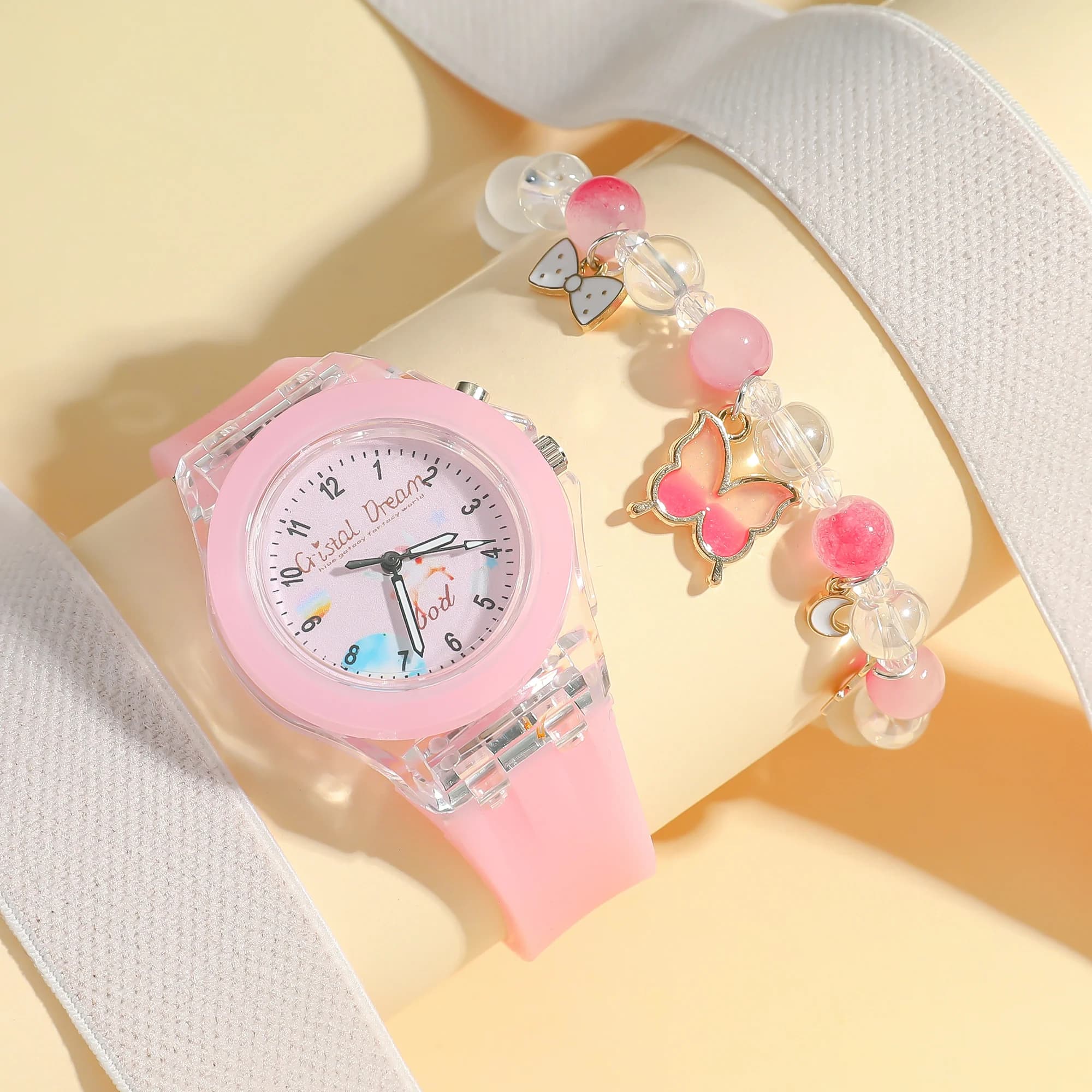 No Macaron Watch gift box; 7 Color Luminous Silicone Quartz Watch with Beaded Bracelet, 2 Piece Set