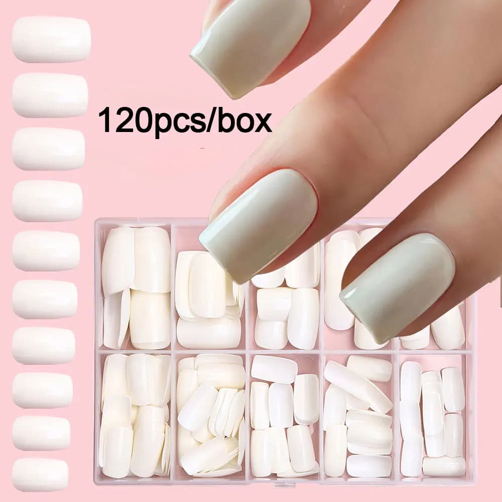 120 pezzi bianco latte stampa sulle unghie lucido medio quadrato gel unghie finte 10 dimensioni copertura completa riutilizzabili decorazioni quotidiane per unghie
