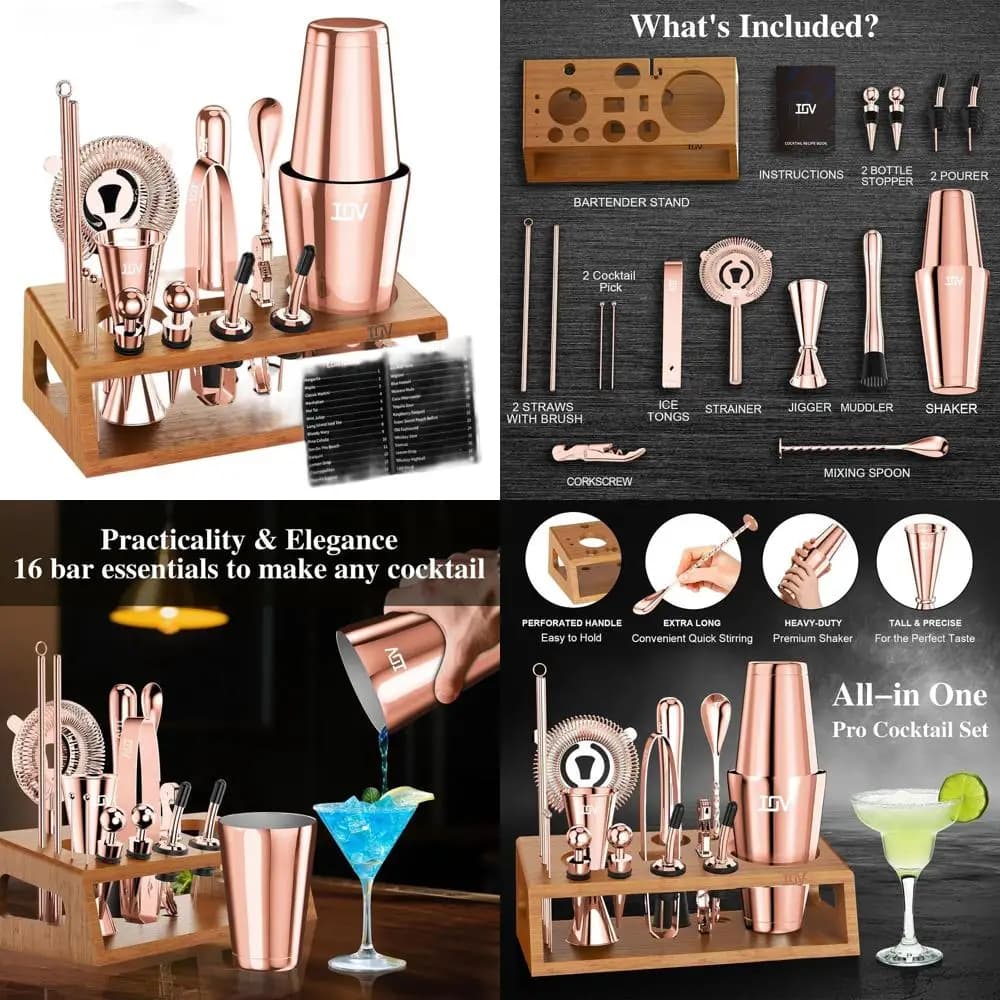 Set da Cocktail in Oro Rosa da 17 Pezzi con Supporto | Strumenti essenziali per la mixologia | Regalo perfetto per l'inaugurazione della casa