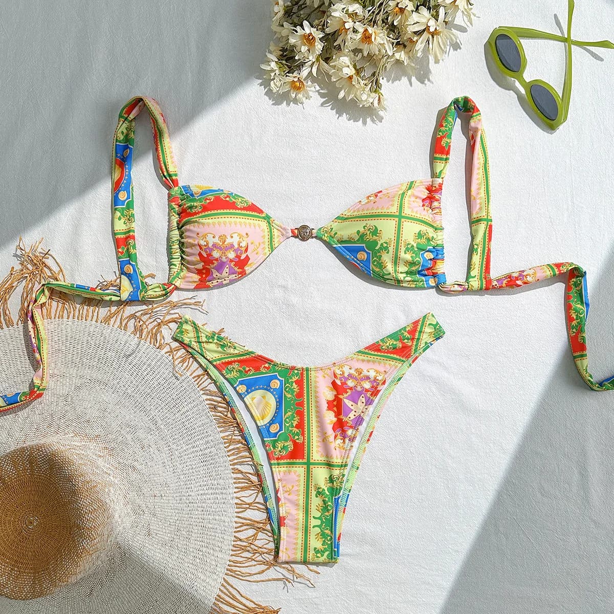 Set bikini with vintage print woman sexy ring metal push up micro swimsuit brazilian swimsuit biquine holiday thong