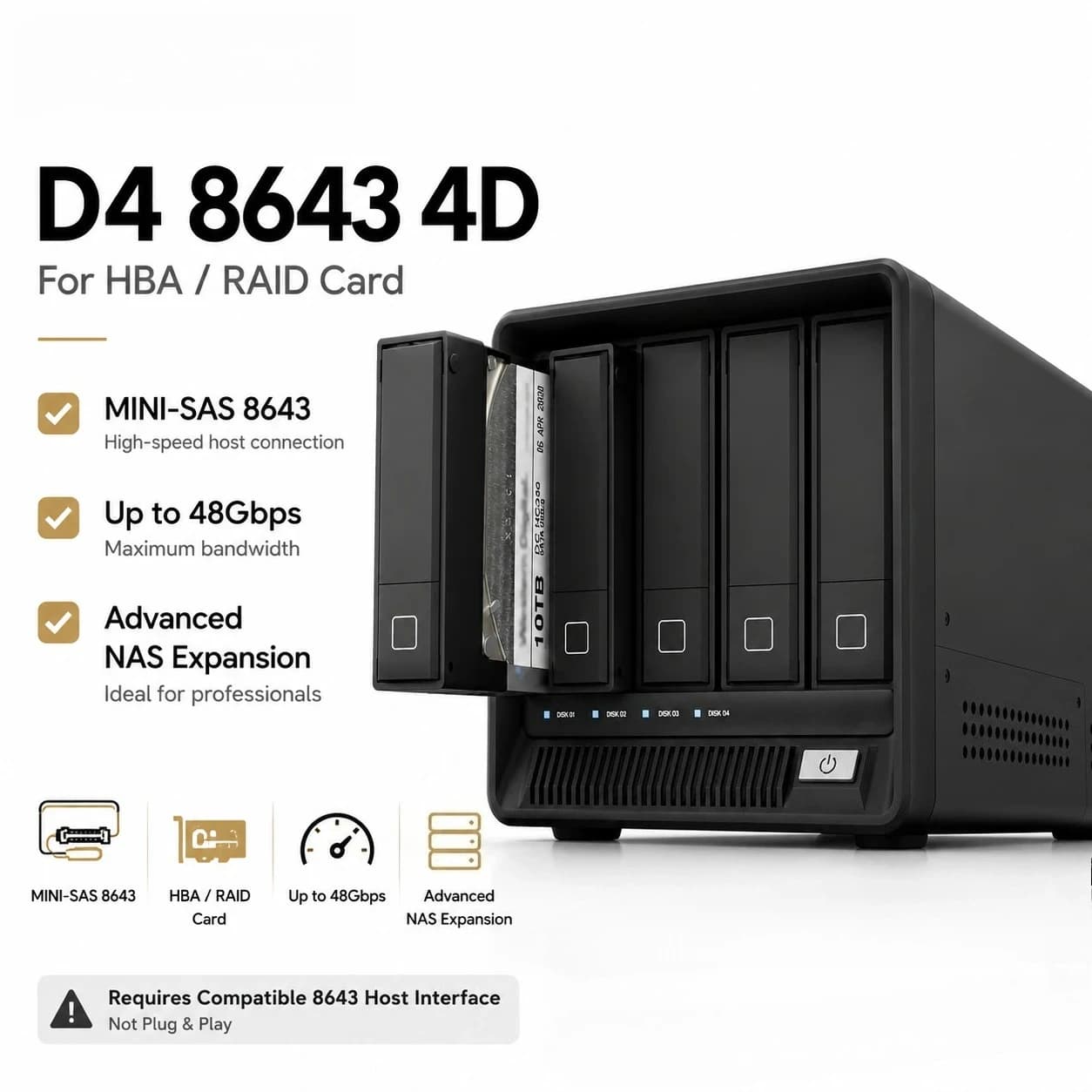 D4 4 Bay SATA HDD SSD Enclosure USB 3.2 Gen2 10Gbps MINI SAS 8643 External Storage Box for NAS PC Mac Linux