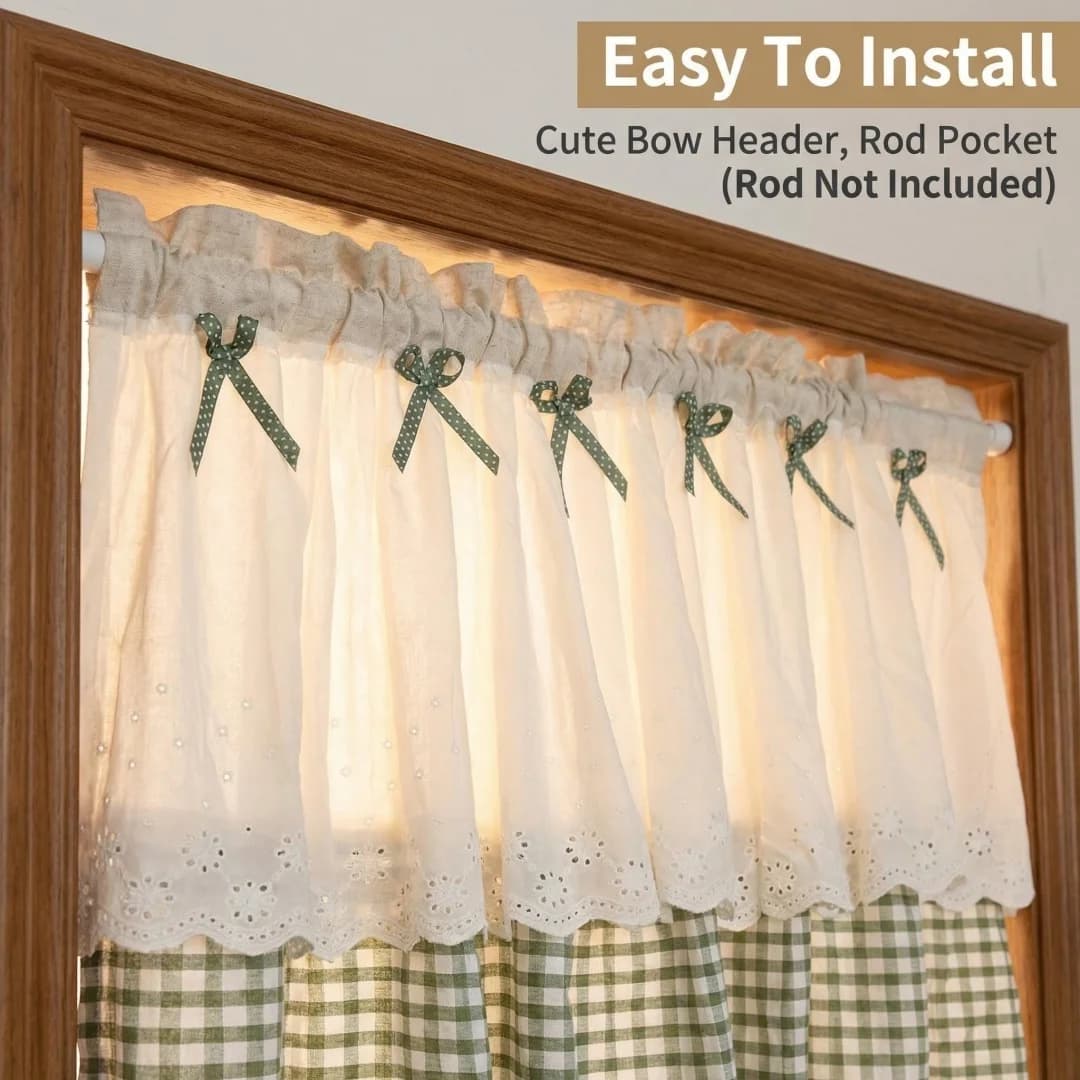 Tenda corta in cotone e lino a quadretti verde chiaro, stile americano-giapponese, per porta o cucina, con oscurante e pronta per l'uso.