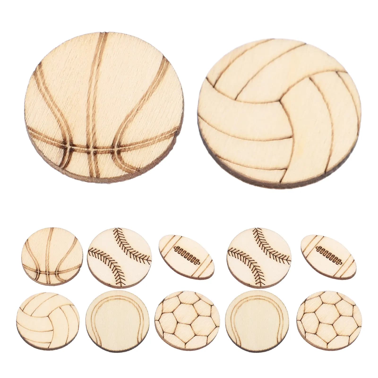 150Pcs Soccer Wood Cutouts Unfinished Sports Ball Craft Blanks DIY Painting Supplies Baseball Basketball Rugby Volleyball Tennis