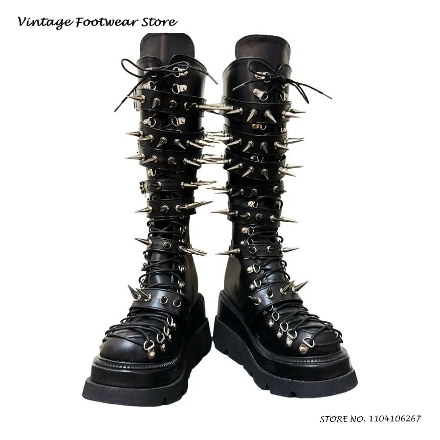 Stivali al ginocchio con plateau con fibbia per cintura a punta Zeppe gotiche con punta tonda Scarpe con rialzo di altezza Stivali da equitazione stile punk primavera autunno