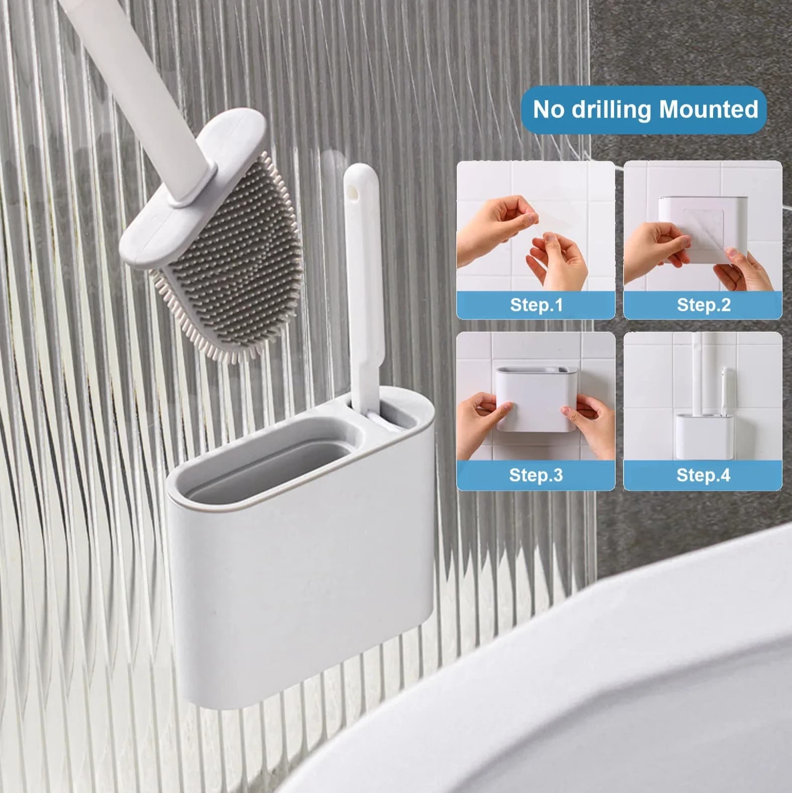 Accessori Bagno: Scopino WC da Parete con Supporto, Scopino in Silicone a Manico Lungo con Setole Morbide per la Pulizia del WC