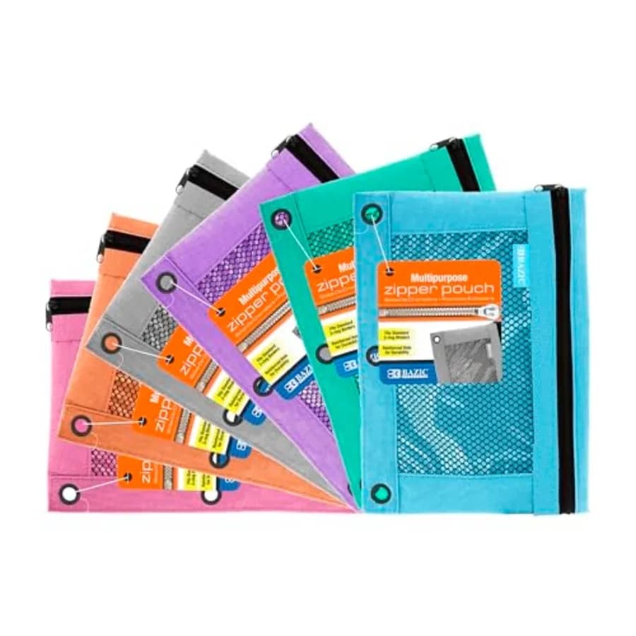Retro Color 3-Ring Pencil Pouch with Mesh Window, Durable Build, for School Binders Supplies, Set of 6