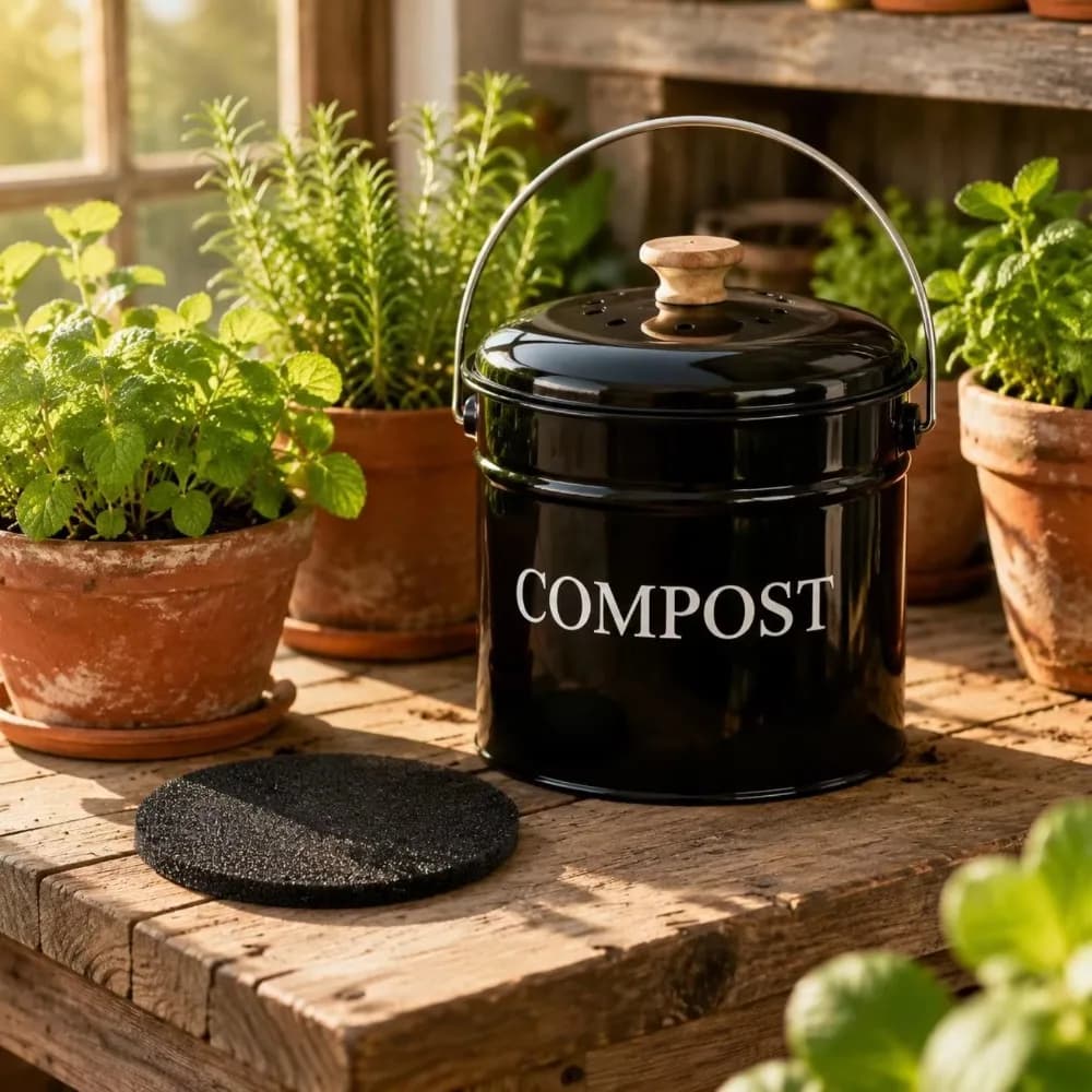 Odorless Kitchen Compost Bucket Large Capacity Activated Charcoal Filtration Kitchen Trash Bin Folding Handle Round
