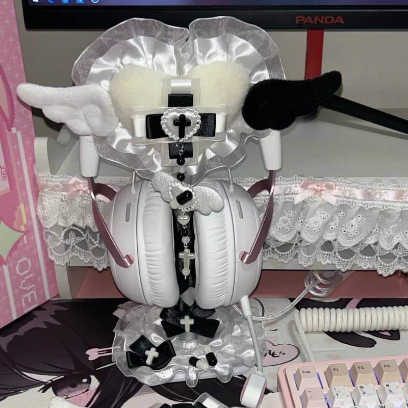 Supporto per Auricolari a Forma di Ali d'Angelo Bianche e Nere, Fatto a Mano, Carino, Personalizzabile, Ornamento da Scrivania, Supporto per Cuffie da Gaming, Regalo