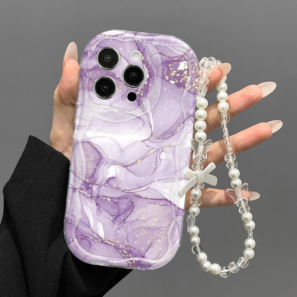 Wrist Strap Phone Case For iPhone 17 16 15 Pro Max 14 13 12 17 Pro Max 11 Cream Wavy Border Luxury Purple Marble Lanyard Cover