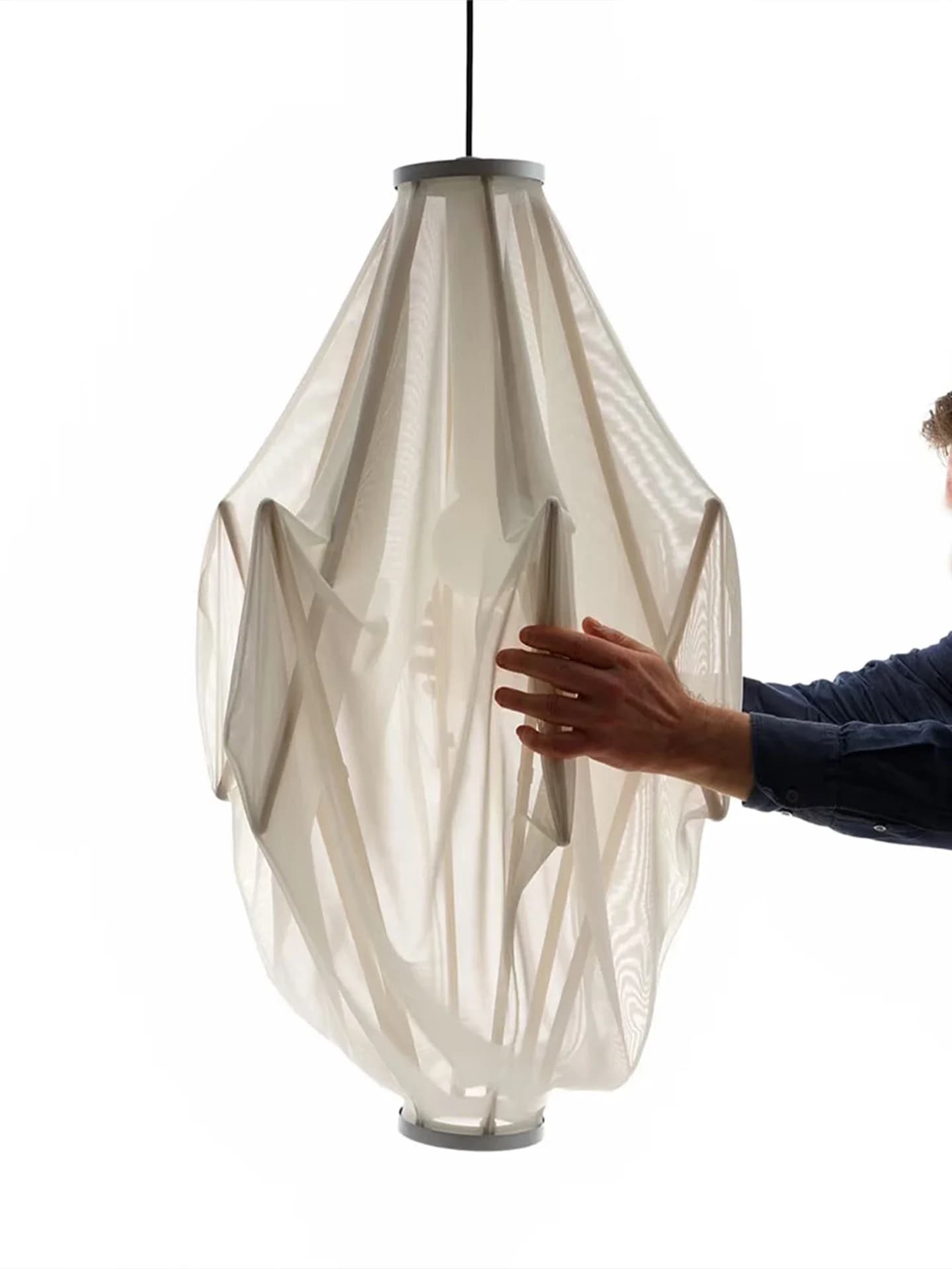 Retractable Wooden Chandelier with Elastic Mesh Fabric, Modern Ceiling Light for Living Room Bedroom, Soft Diffused Ambient Ligh
