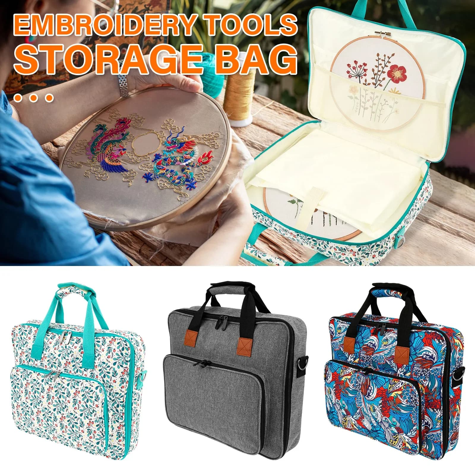 Portable Embroidery Organizer Bag with Multi Pocket Oxford Cloth Embroidery Project Bag for 11.2" Hoop Embroidery Supplies Bag