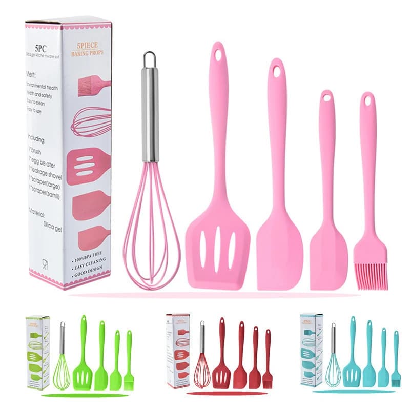 Set di utensili da cucina in silicone da 5 pezzi, utensili da cucina flessibili antiaderenti, inclusa spatola per torte, frusta, spazzola per olio e pala da cucina