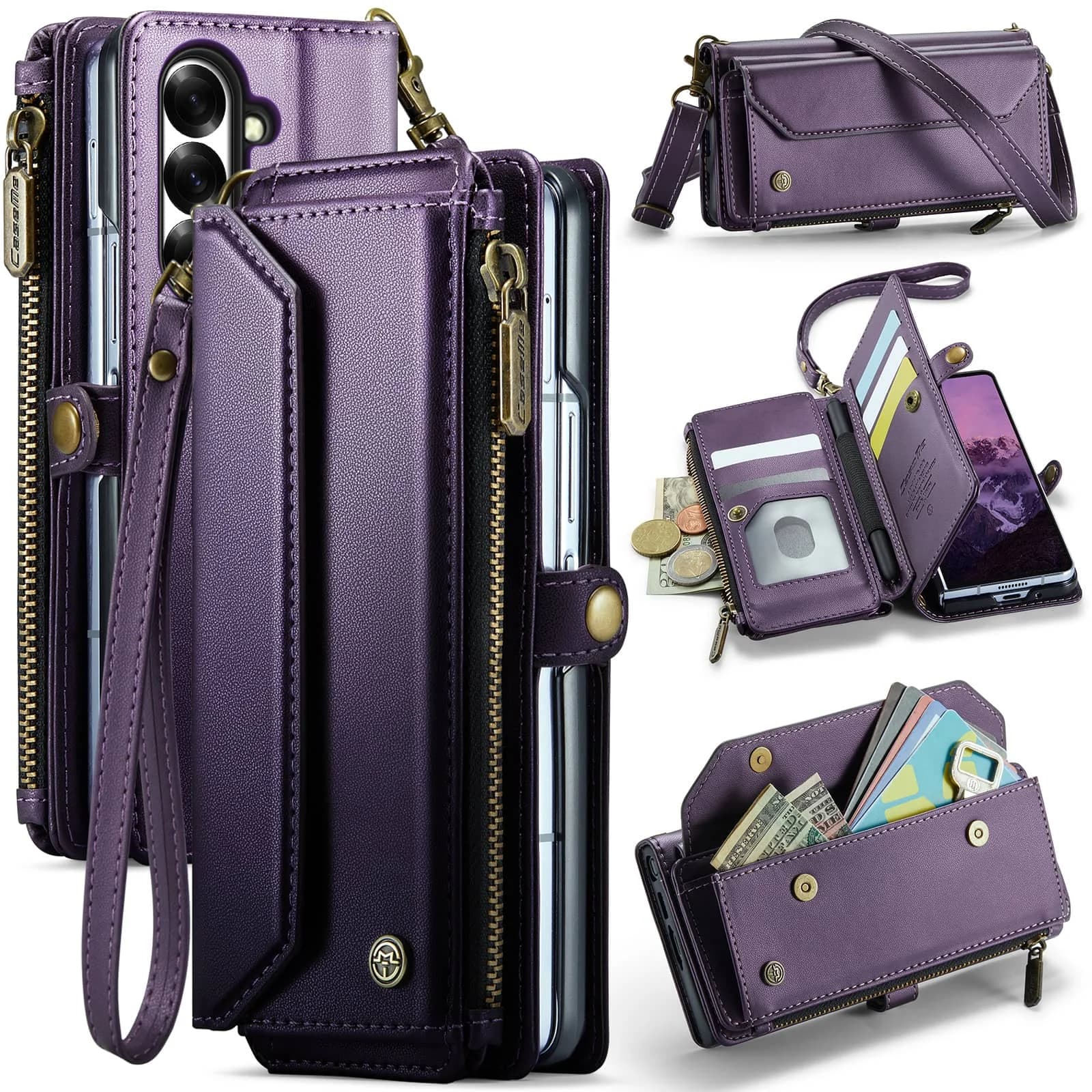 Adatto per custodia Samsung Galaxy Z Fold 7 con portapenne, custodia a portafoglio con blocco RFID con cinturino con cerniera porta carte in pelle PU