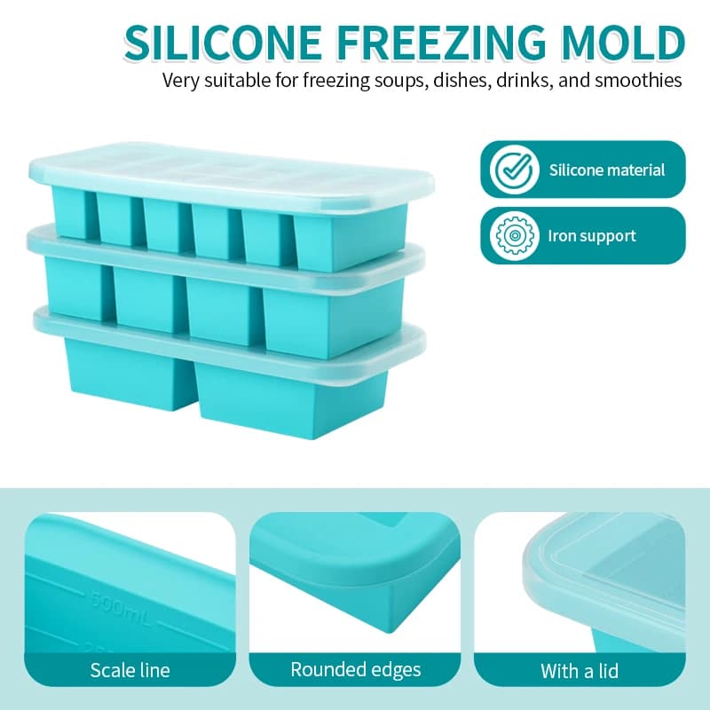 Stampo per vassoio per congelatore in silicone da 2 pezzi con coperchio, scatola per alimenti, contenitori per zuppa, caldo, preparazione di pasti, cubetti di ghiaccio