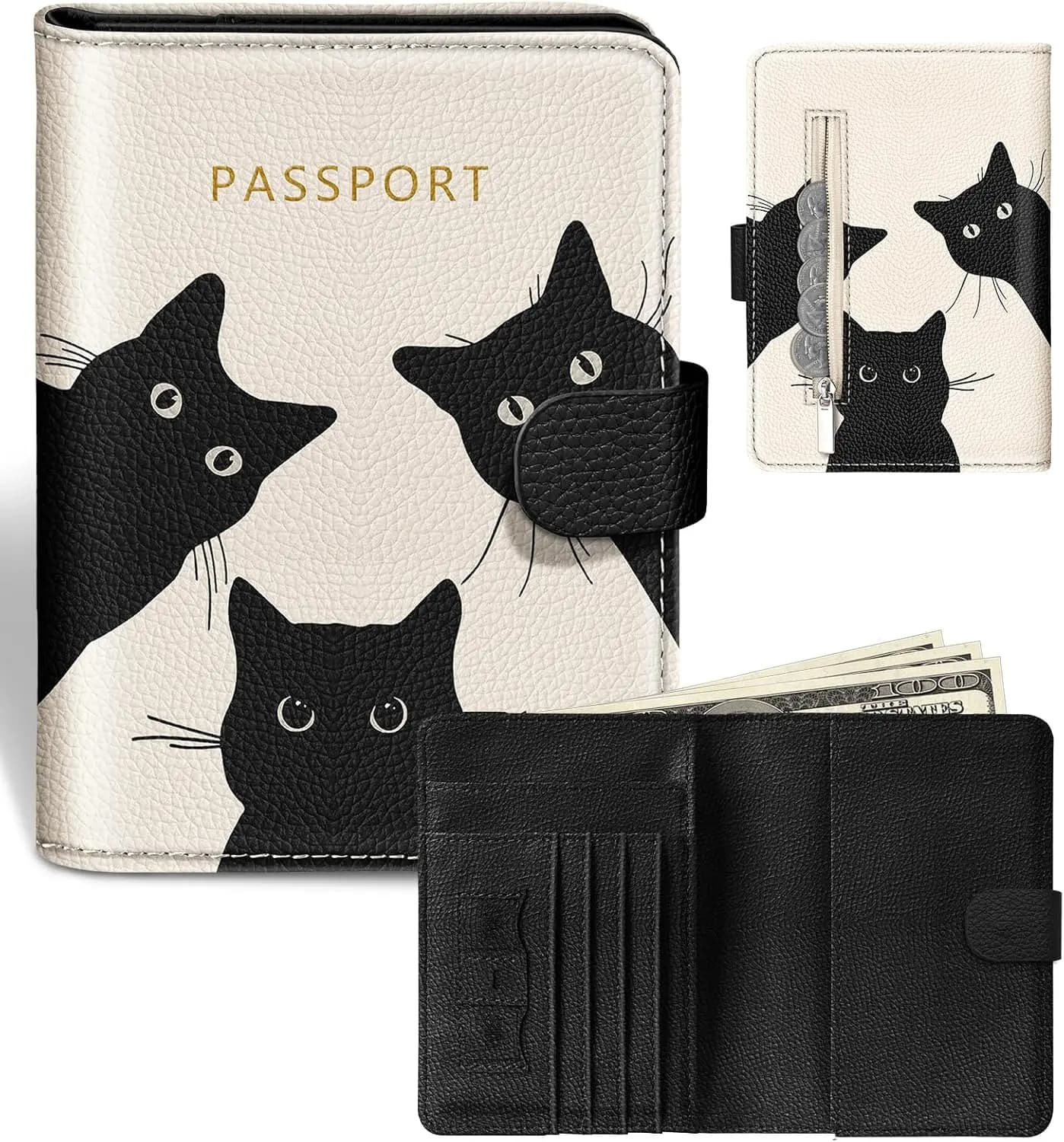 Portafoglio per Passaporto con Protezione RFID per Viaggi - Custodia Sottile in Pelle con Scomparti per Carte, Design Gatto Nero Crema