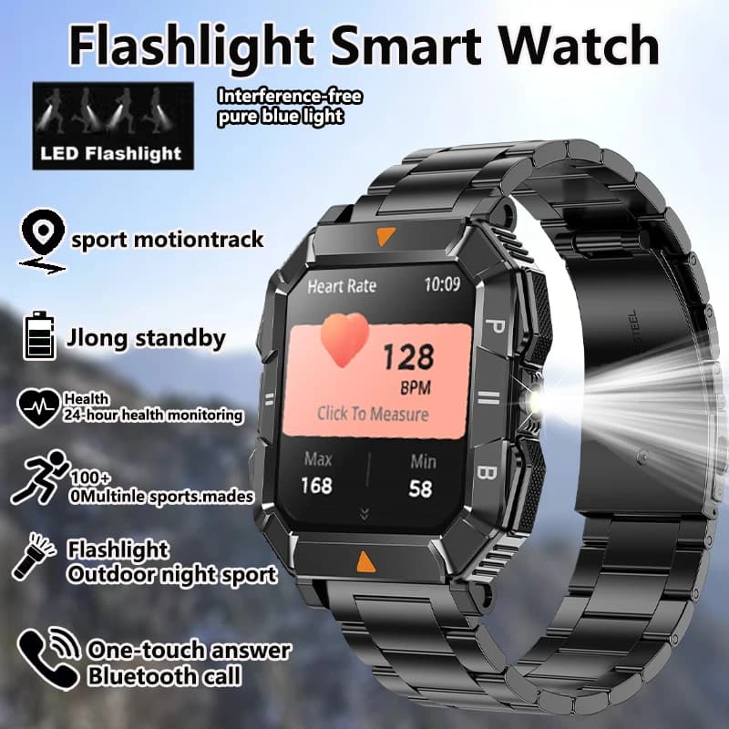 New GPS Smartwatch with Movement Tracking, LED Flashlight, Cardiaca Frequency Monitoring, Blood Oxygen, Blood Pressure, Bluetooth Calls