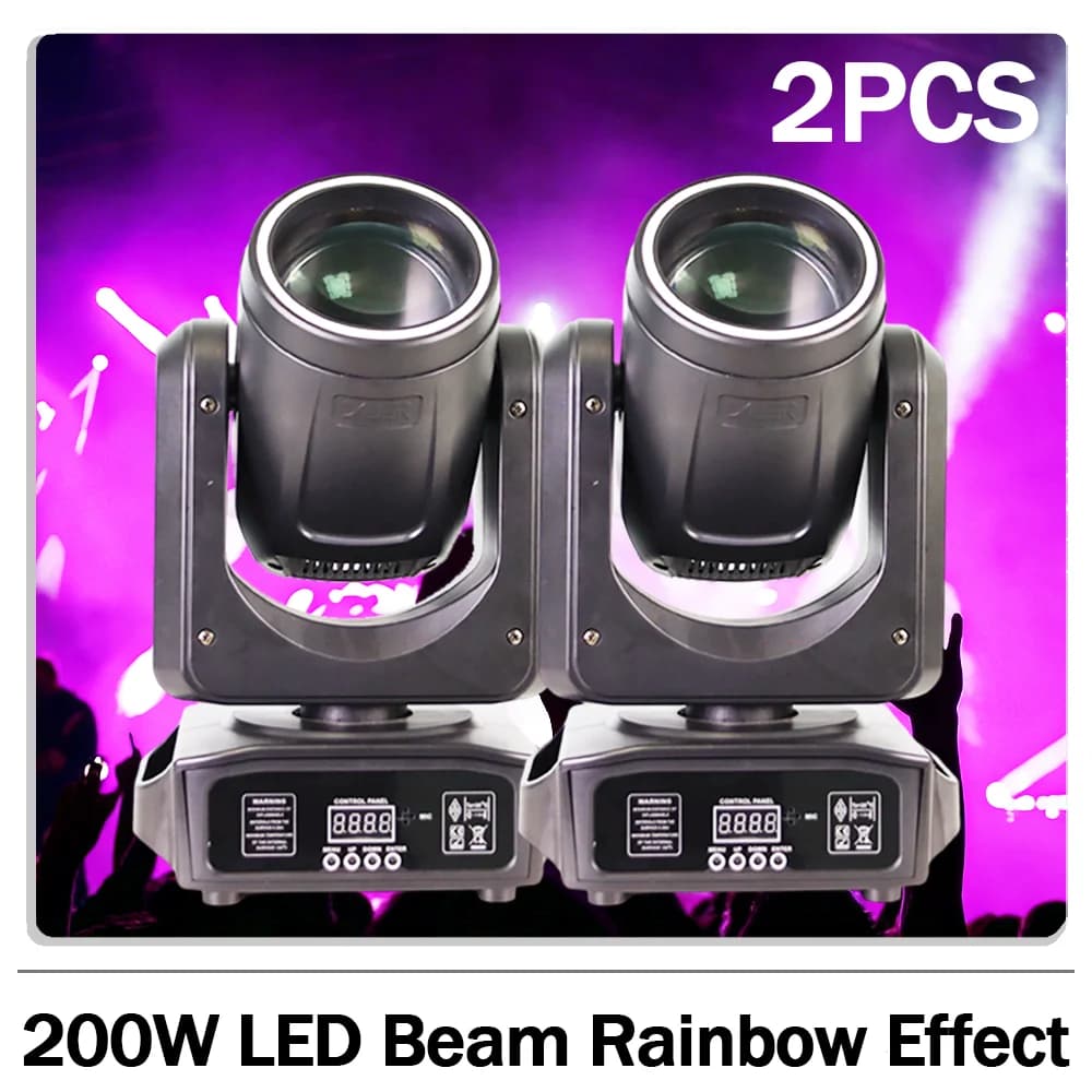 2 pz/lotto Faro LED mobile da 200W con anello, 18 prismi, 7 gobos, effetto arcobaleno, controllo DMX per DJ, discoteca, feste, matrimoni, club, bar