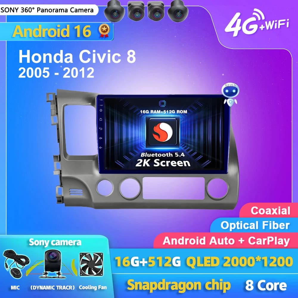 Qualcomm Android 16 Carplay Auto 2K Screen Car Radio Multimedia Player For Honda Civic 8 2005 - 2012 Autoradio GPS Stereo 2 din