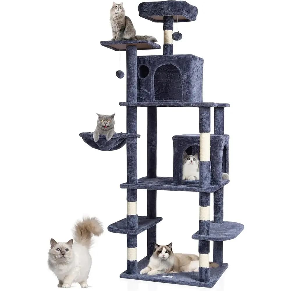 Torre per Gatti Alta 68,5 cm con 2 Cucce, Tiragraffi in Sisal, Amaca, Posatoio, Piattaforme per Saltare, Palla Sospesa - Grigio
