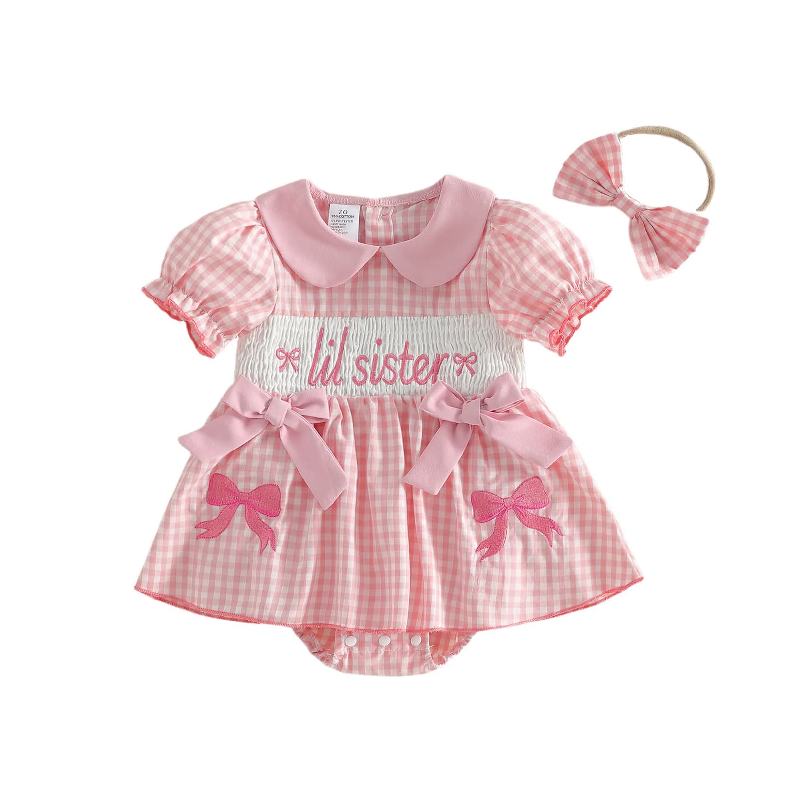 Baby Girl Summer Outfit Plaid Bow Embroidered Short Sleeve Doll Collar Romper Dress and Headband 2 Piece Set