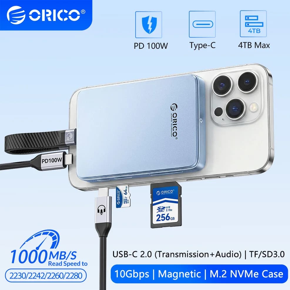 ORICO Hub USB C Portatile Magnetico 10Gbps con Lettore Schede SD/TF 3.0, Slot Audio, PD 100W, 4K ProRes per iPhone e Mac