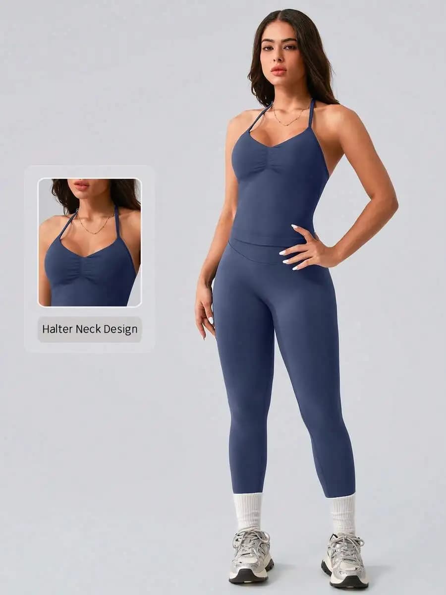 Set da yoga con collo all'americana da donna, top elasticizzato a costine e leggings per fitness e corsa