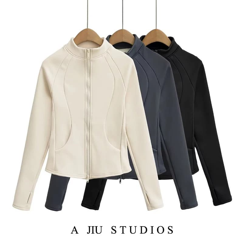 Slim Fit Fleece Lined Double Zipper Stand Collar Yoga Fitness Jacket Women's Autumn Winter Warm Sportswear Casual Outerwear