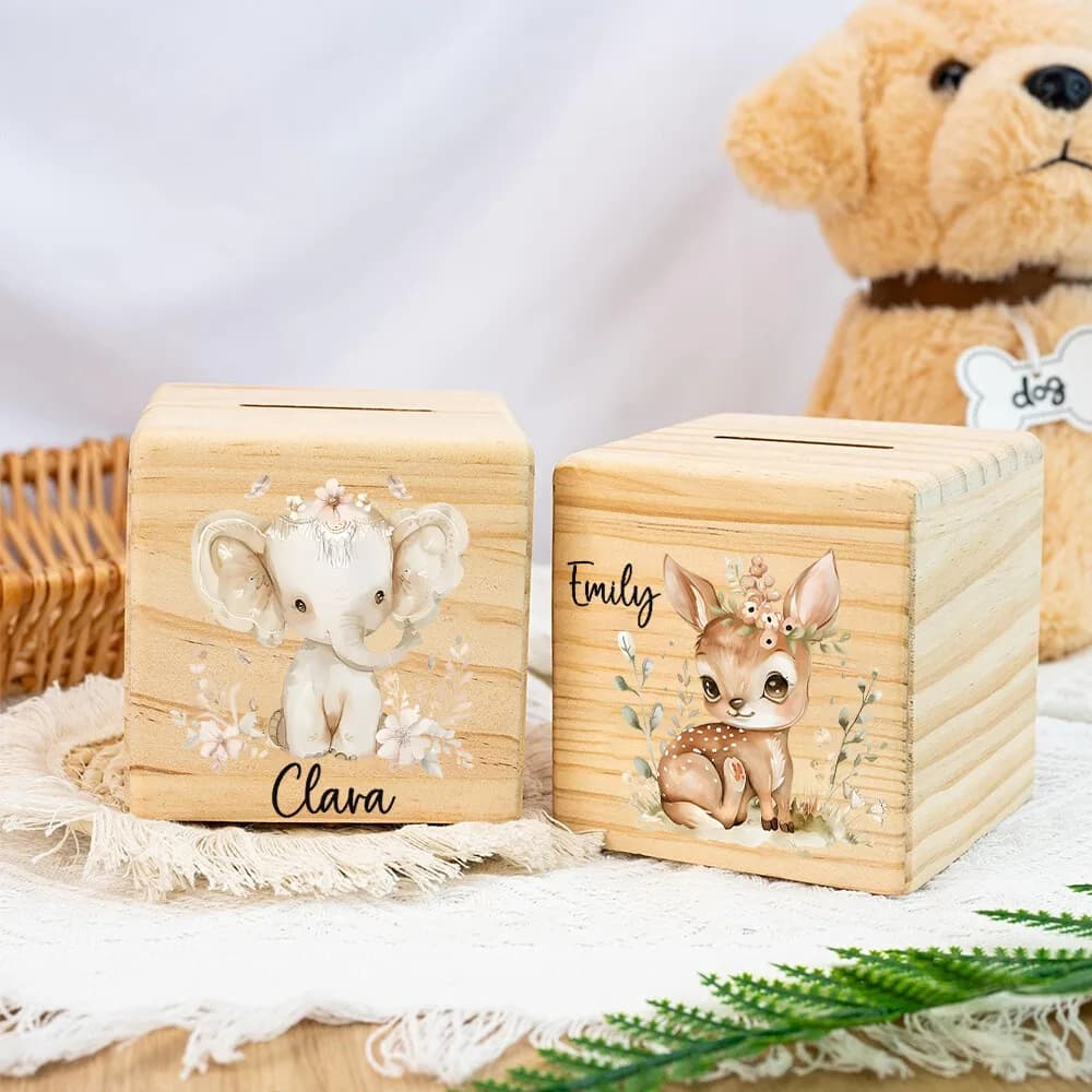 Salvadanaio personalizzato Elefante Cervo con nome Salvadanaio Scatole per raccolta monete Salvadanaio in legno Regalo di festa di compleanno per bambino