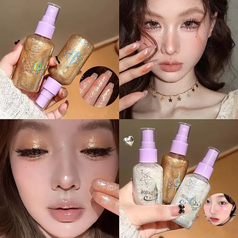 Diamond Face Body Glitter Spray Trucco Champagne Violet Bronzer Evidenziatore liquido Flash Spray Shimmer Viso Corpo Trucco per capelli