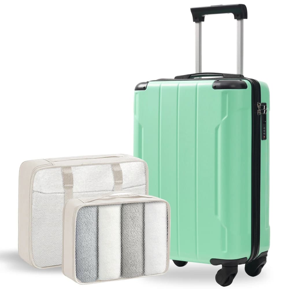 Valigia Rigida Leggera da 20 Pollici, Bagaglio a Mano in ABS, Ruote Girevoli, Serratura TSA, 2 Cubi Organizzatori, Verde Crema