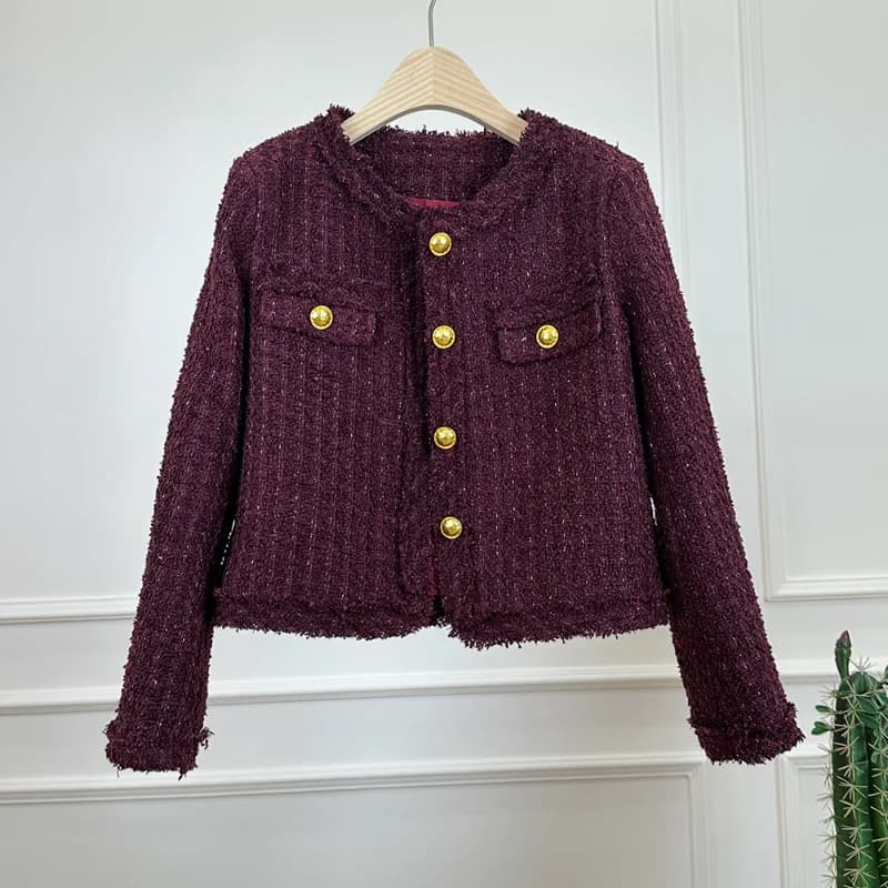 Cappotto stile fragranza con scollo tondo a quadri rosa francese Cappotto corto da donna semplice dolce versatile grigio elegante in tweed