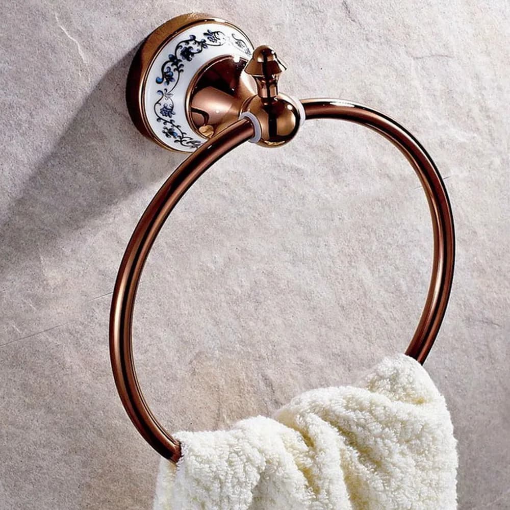 Accessorio per il bagno con portasciugamani montato a parete con base floreale in ceramica e ottone rame oro rosa aba386