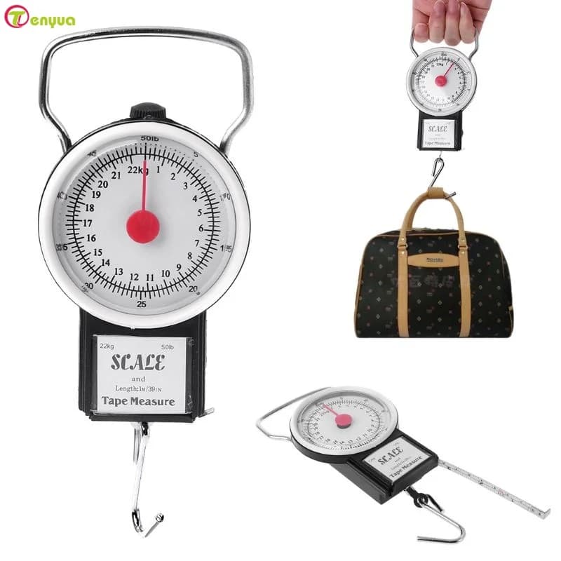 Bilancia meccanica portatile da 50 libbre per appendere/pesce/bagagli/scala da cucina con gancio per appendere bilancia multiuso con metro a nastro