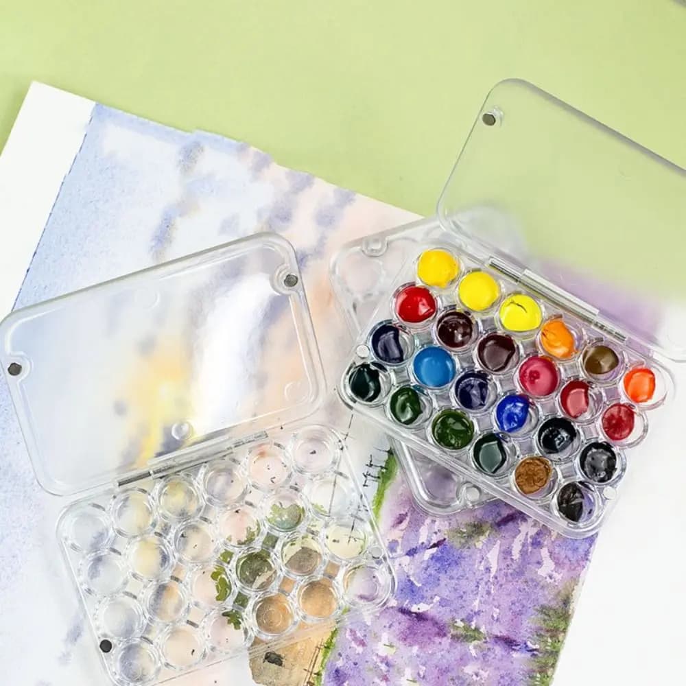 Portable 24 Grids Mini Watercolor Palette Transparent Empty Watercolor Paint Tray Sealed Acrylic Paint Box Student Outing