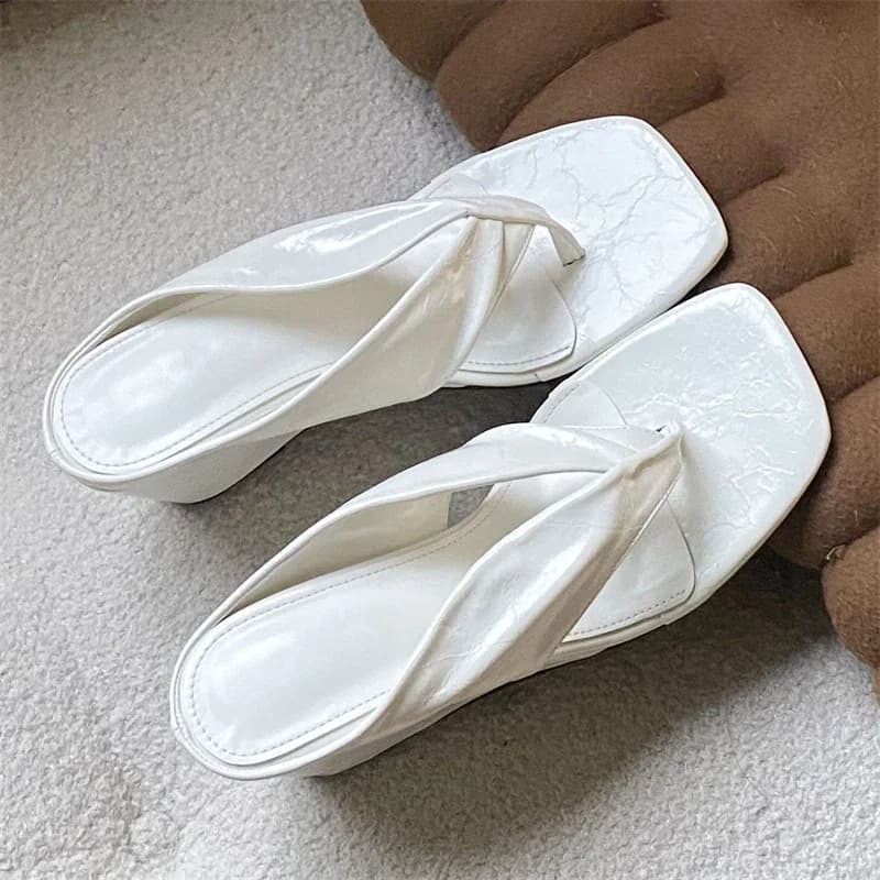Aneikeh Fashion Women Beige Strap Wedge Heel Flip Flops Square Toe Slip on Mules Satin Summer Casual Beach Slides Sandals