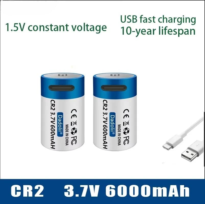 Batteria al litio CR2 a ricarica rapida USB Batteria al litio da 3,7 V 6000 mAh per telecamere per sistemi di sicurezza GPS, telecamere per apparecchiature mediche