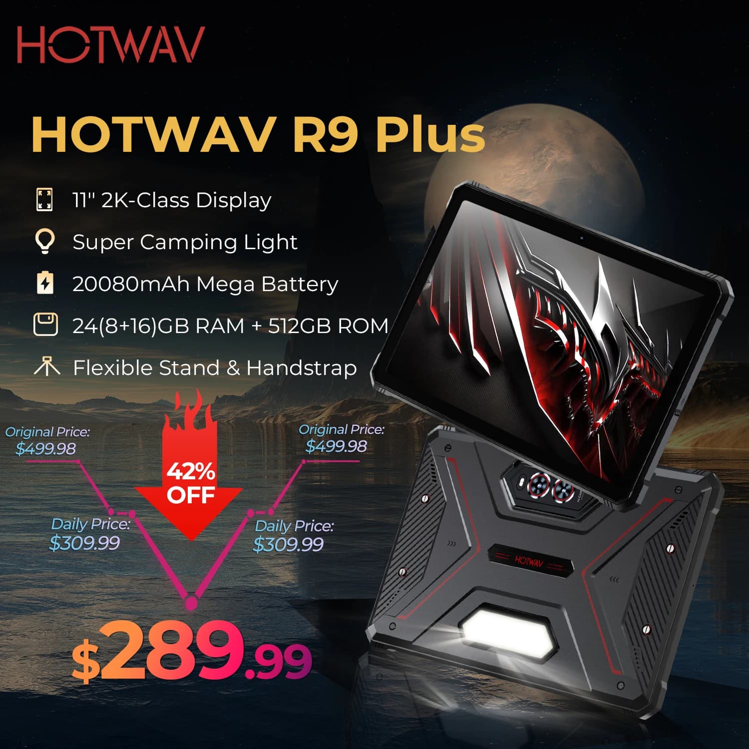 HOTWAV R9 Plus Tablet robusto 20080mAh Mega Batteria 11 '' 2K Display Pad Android 14 8GB 512GB Tablet PC con supporto e cinturino da polso