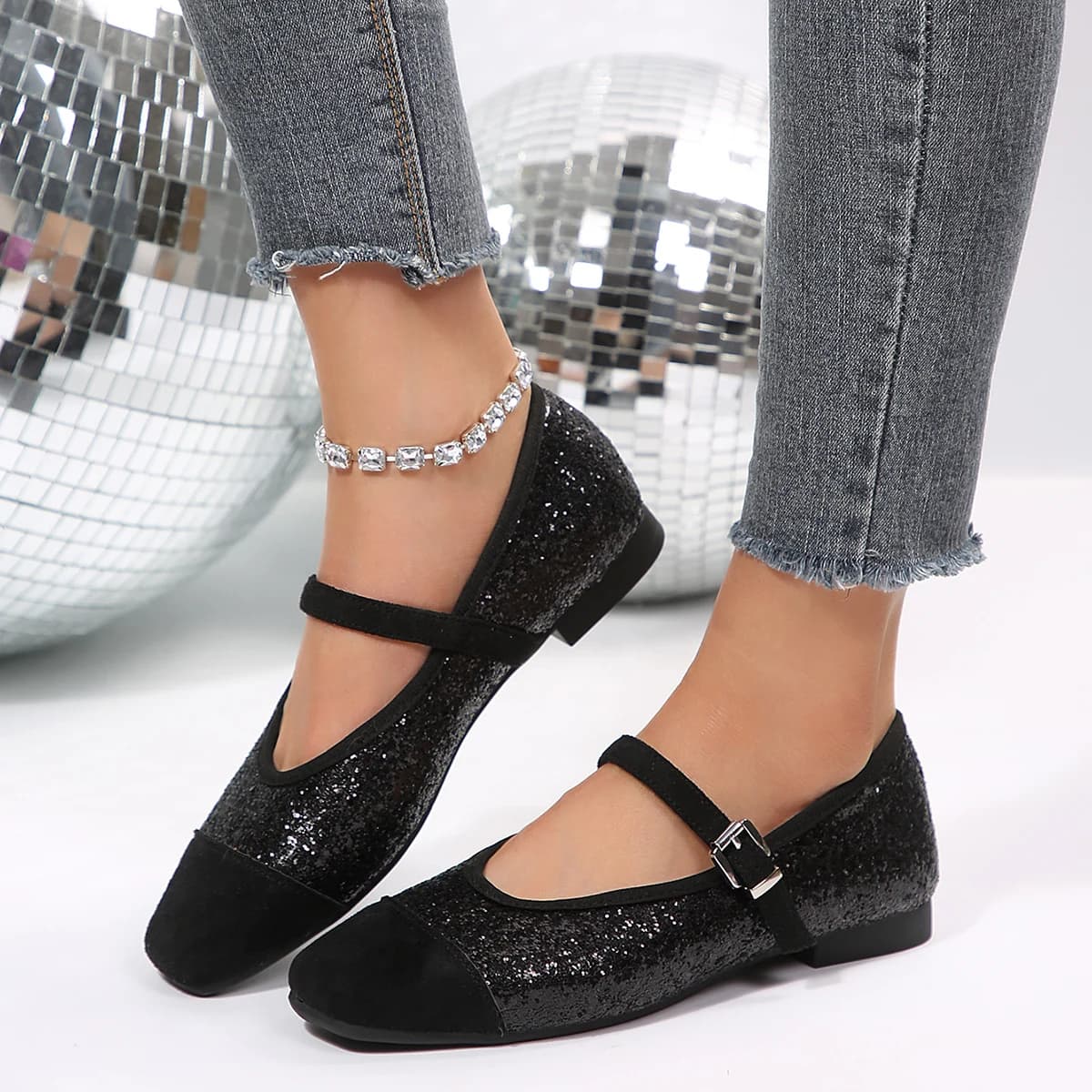 Scarpe Mary Jane da Donna con Paillettes alla Moda Primavera-Estate 2026, Nuove Ballerine Eleganti a Punta Quadrata in Taglie Grandi