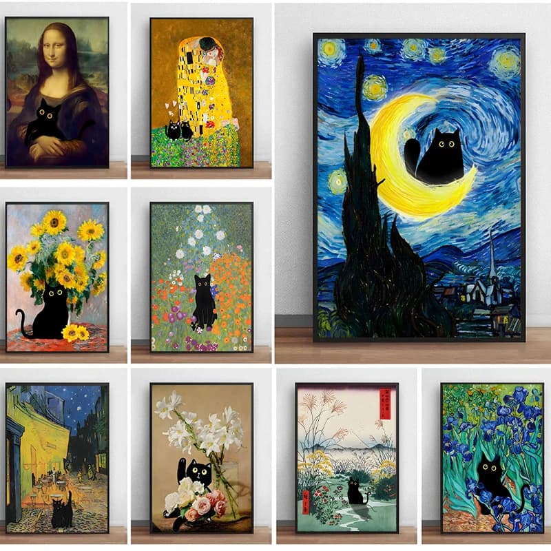 Famous Paintings Mona Lisa Starry Night With Funny Black Cat Poster Canvas Painting Sunflower Reproduction Wall Art Home Deco