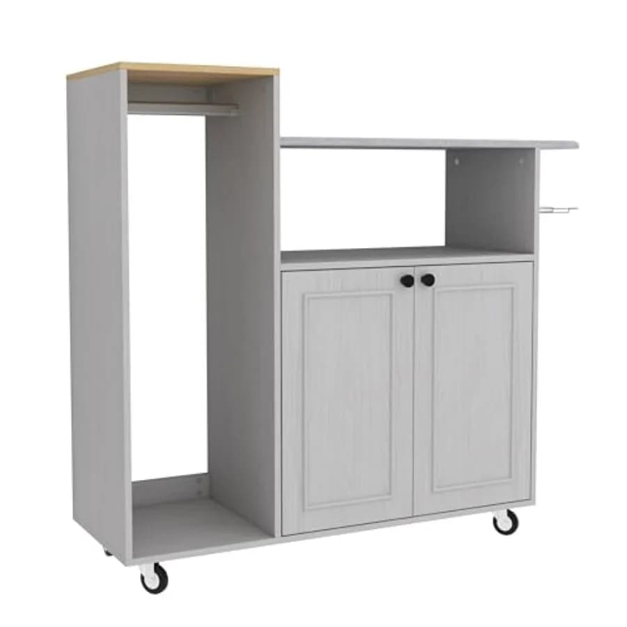 Mobiletto da stiro con ripiani e funzione appendiabiti - Stazione lavanderia mobile con piano pieghevole e asta appendiabiti 3-in-1 in legno