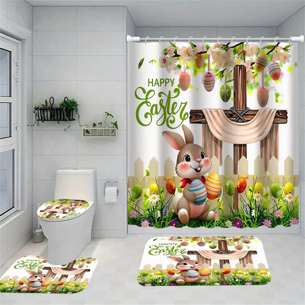 4pcs Easter Bunny shower curtain set, toilet seat decoration, shower curtain with carpet and toilet lid, size 70.8x70.8 in