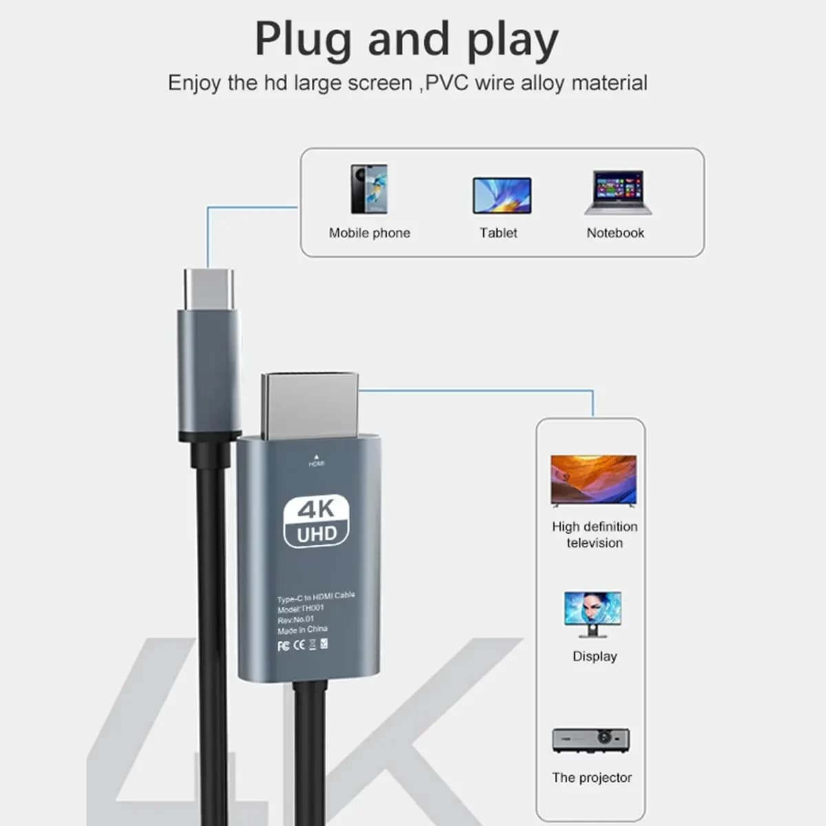 USB C cable to HDMI 4K 60Hz, HDMI Converter Adapter Compatible with HDTV TV Type C for Phone Tablet Laptop