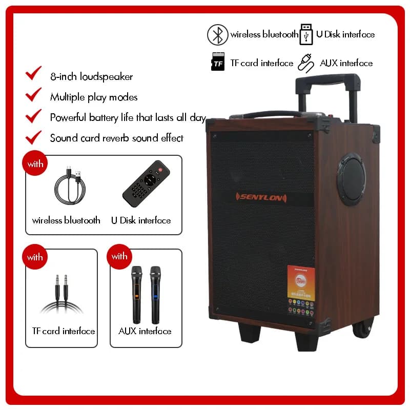 Wooden Bluetooth Speaker 8Inch Portable Karaoke Stereo Surround Subwoofer Outdoor Square Dance Speaker With Wireless Mic